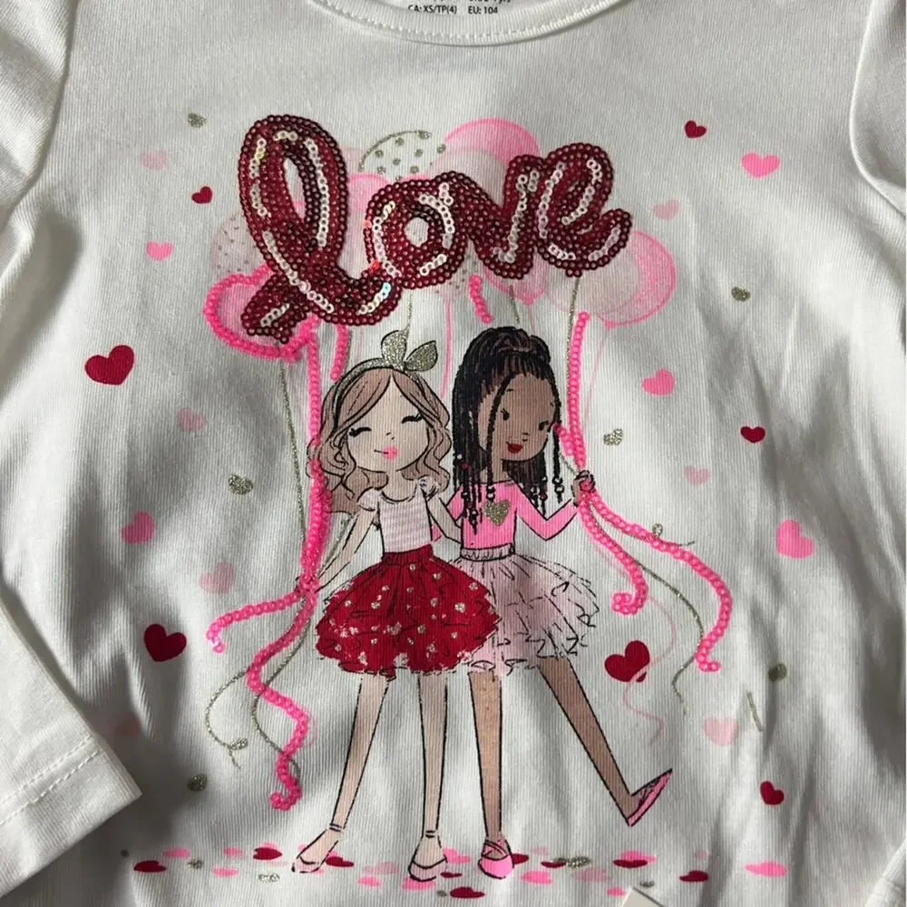 Max Studio Kids Matching Red and White Love Heart Skirt and Long Sleeve Tee